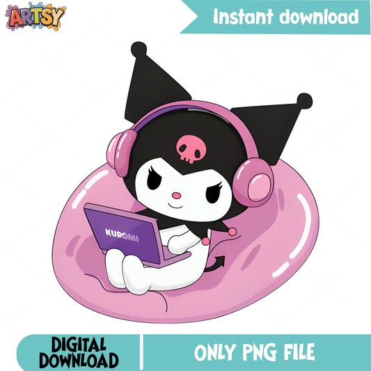 Kuromi Gamer PNG, Sanrio Gamer Girl PNG, Kuromi Laptop PNG