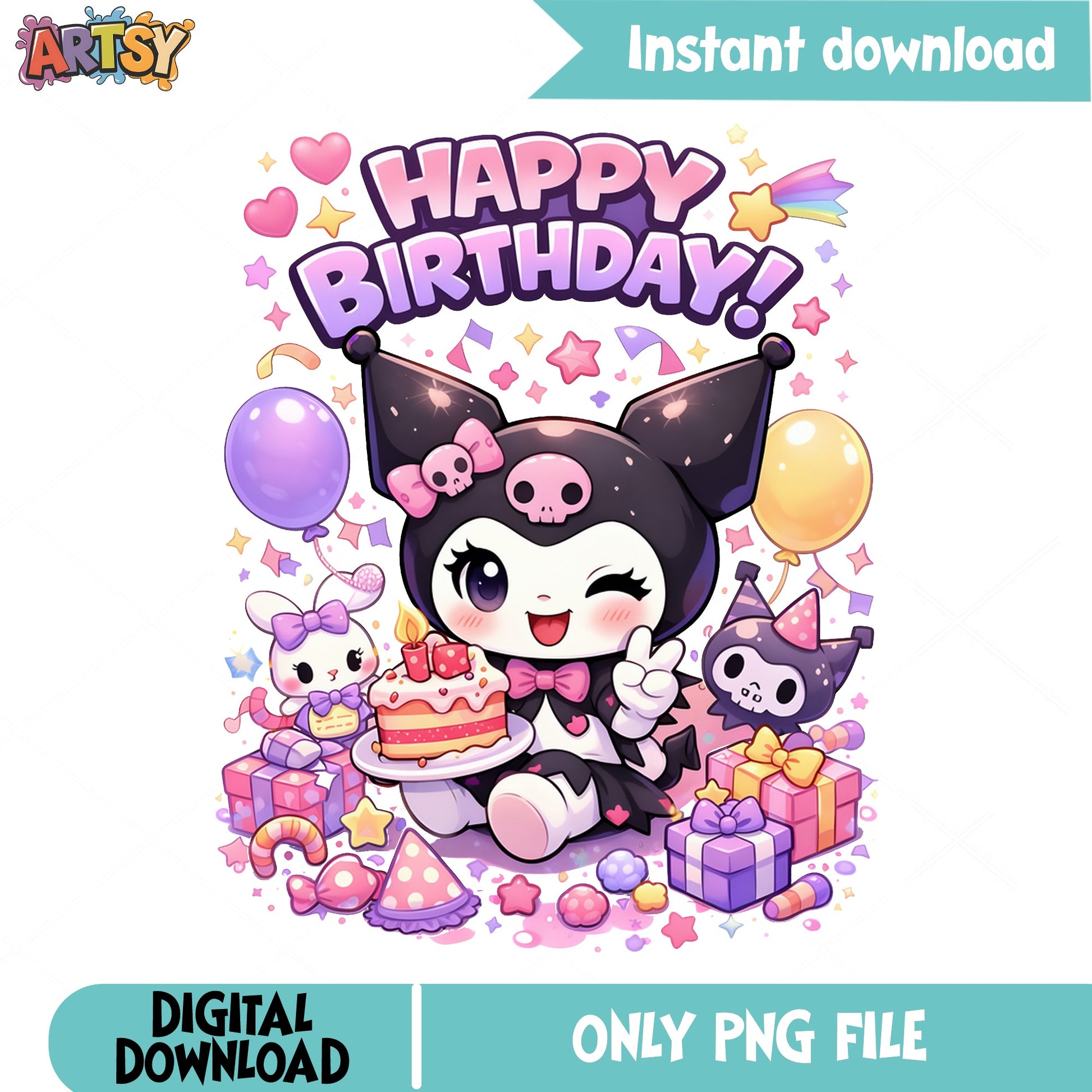 Kuromi Happy Birthday PNG, Sanrio Birthday PNG, Kuromi PNG