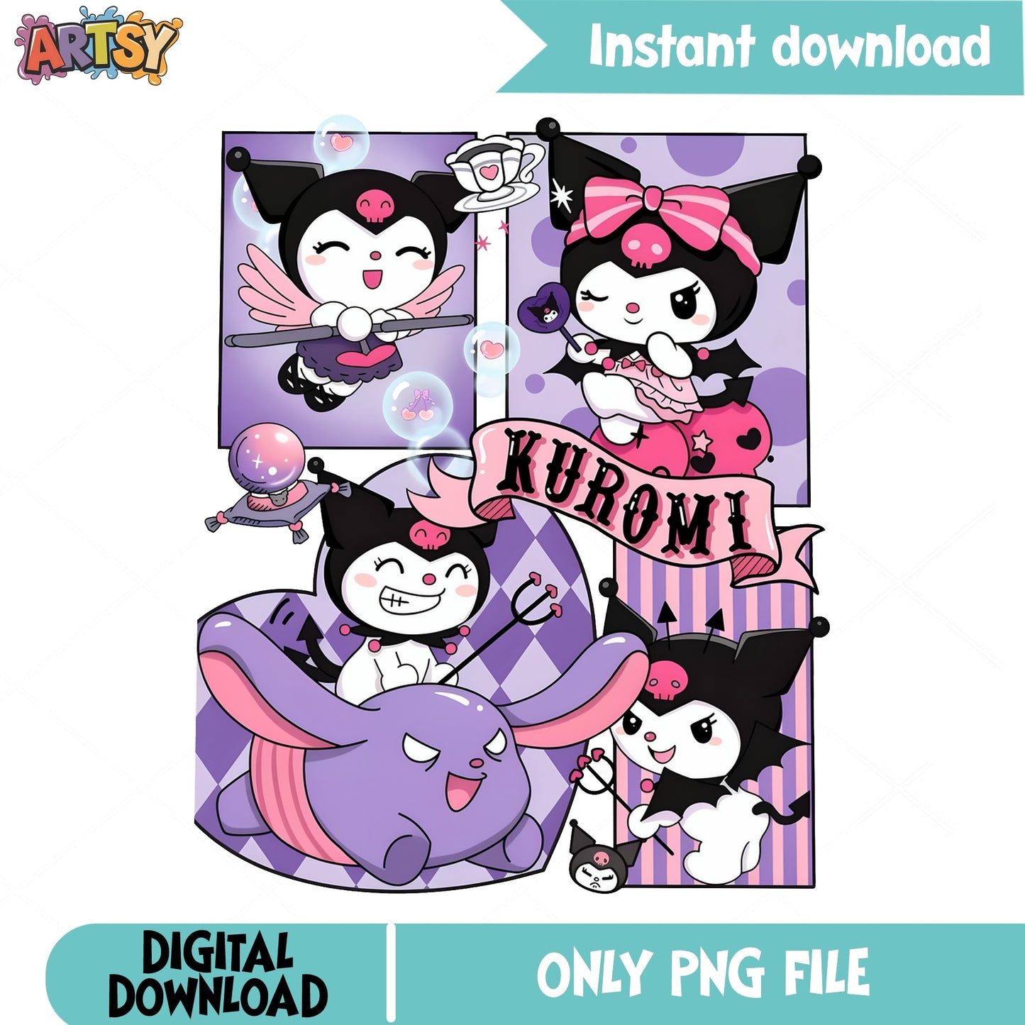 Kuromi Sanrio PNG Bundle, Cute Kawaii Characters PNG, Sanrio PNG