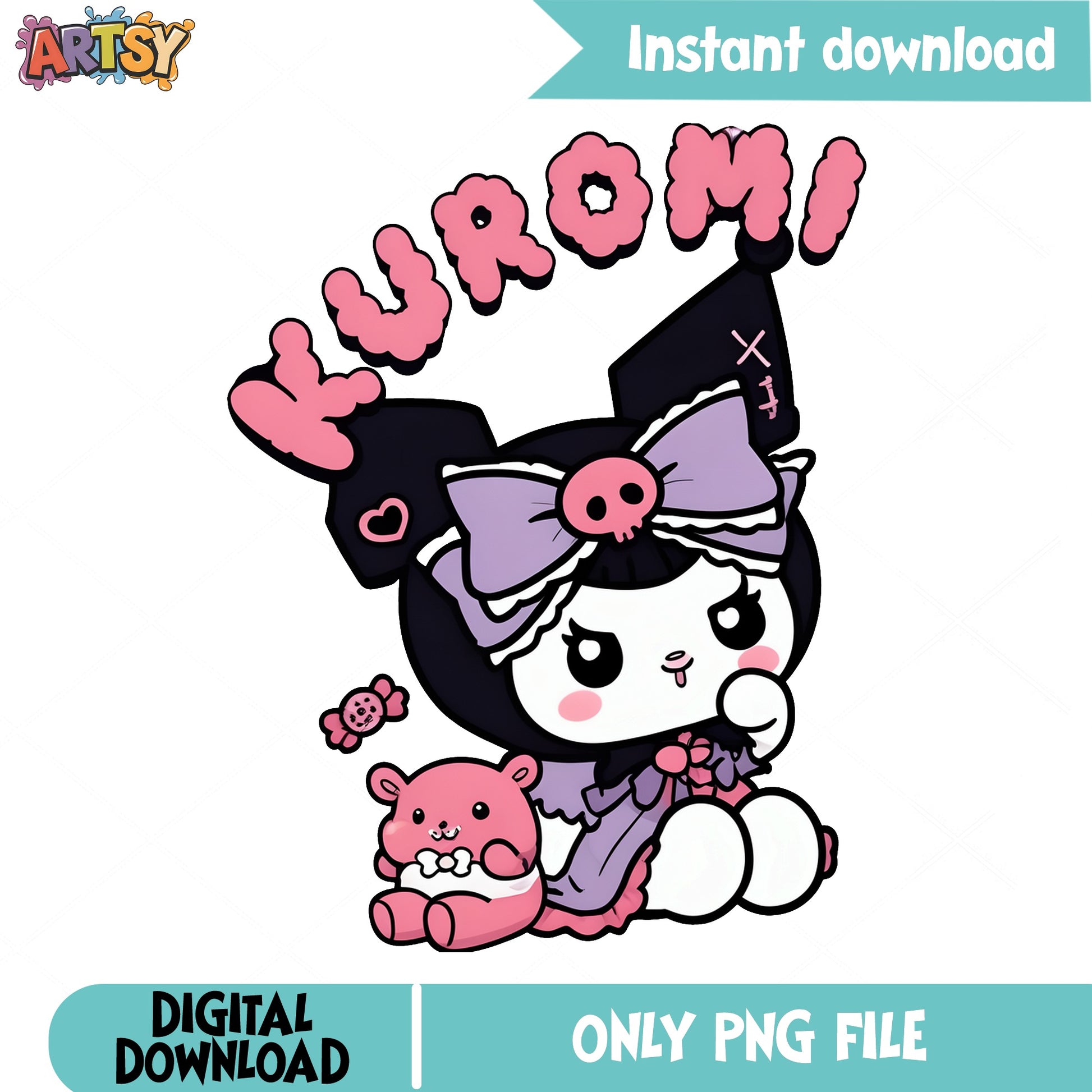Kuromi Sanrio PNG, Cute Kuromi With Teddy Bear PNG, Kawaii PNG