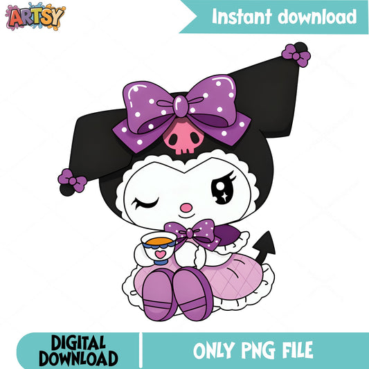 Kuromi Sitting With Tea Cup PNG, Sanrio PNG, Cute Kawaii PNG