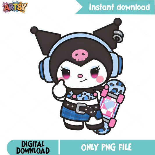 Kuromi Skater PNG, Sanrio Clipart PNG, Kuromi Headphones PNG
