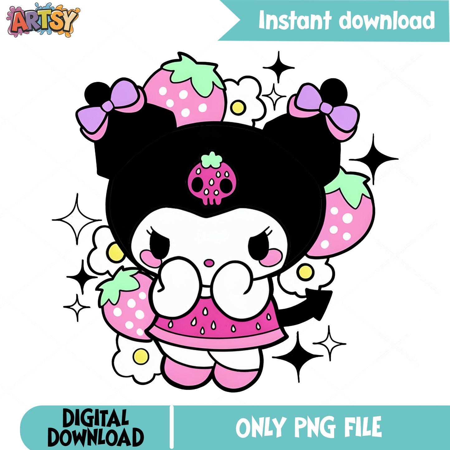 Kuromi Strawberry PNG, Sanrio Kawaii PNG, Cute Kuromi PNG