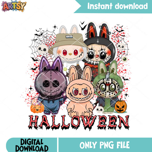 Labubu Halloween png, spider web png, skull skeleton png