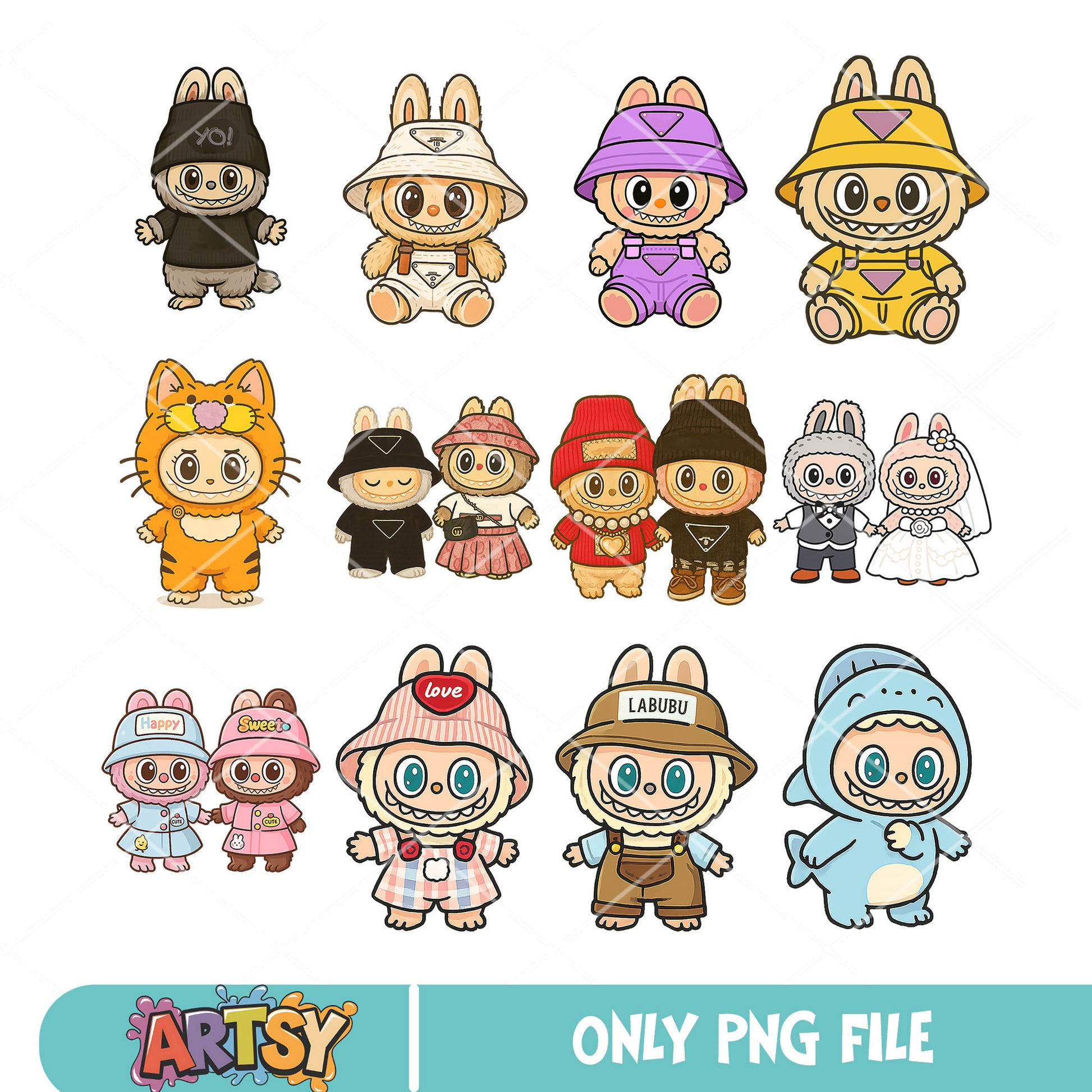 Labubu clothings png bundle, labubu cute png, popmart labubu png