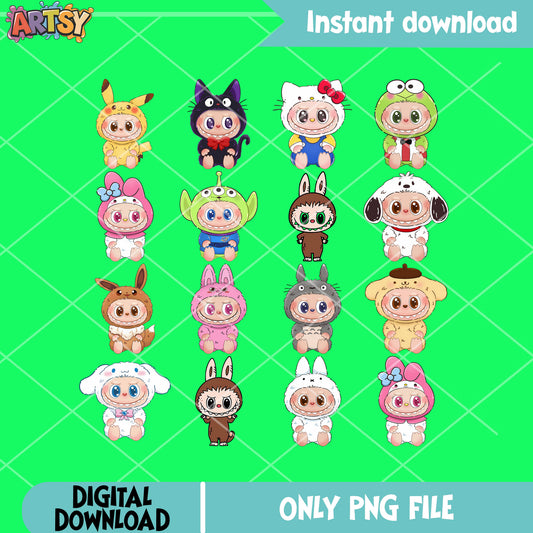Labubu costume png bundle, pop mart labubu png, labubu have a seat​ png