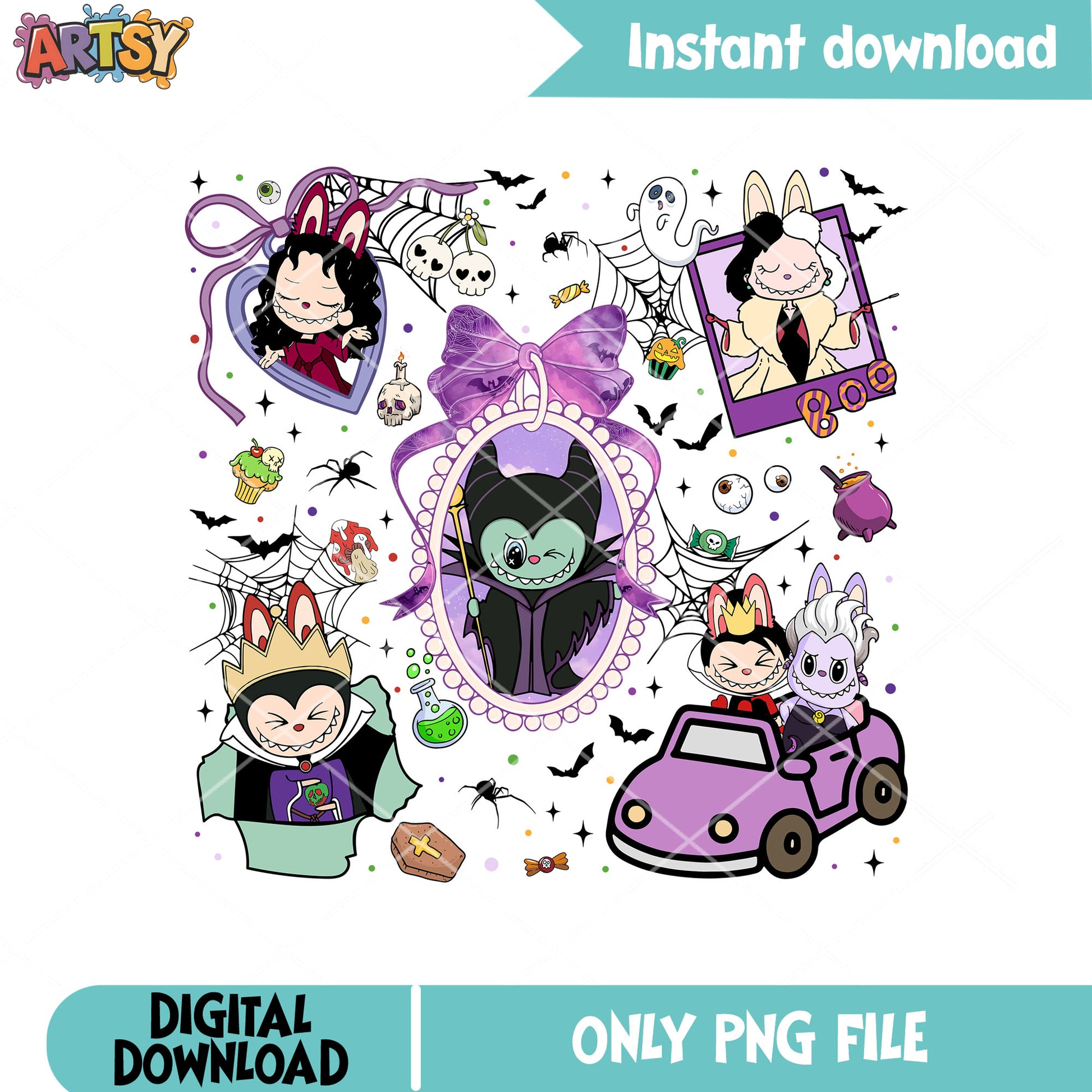 Labubu disney villain png, labubu halloween png, disney villain png