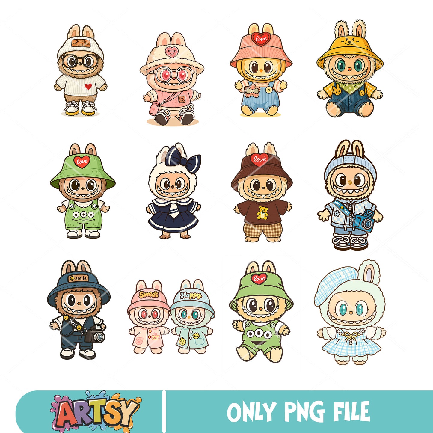 Labubu dolls clothers png bundle, labubu clothers png, cute labubu png