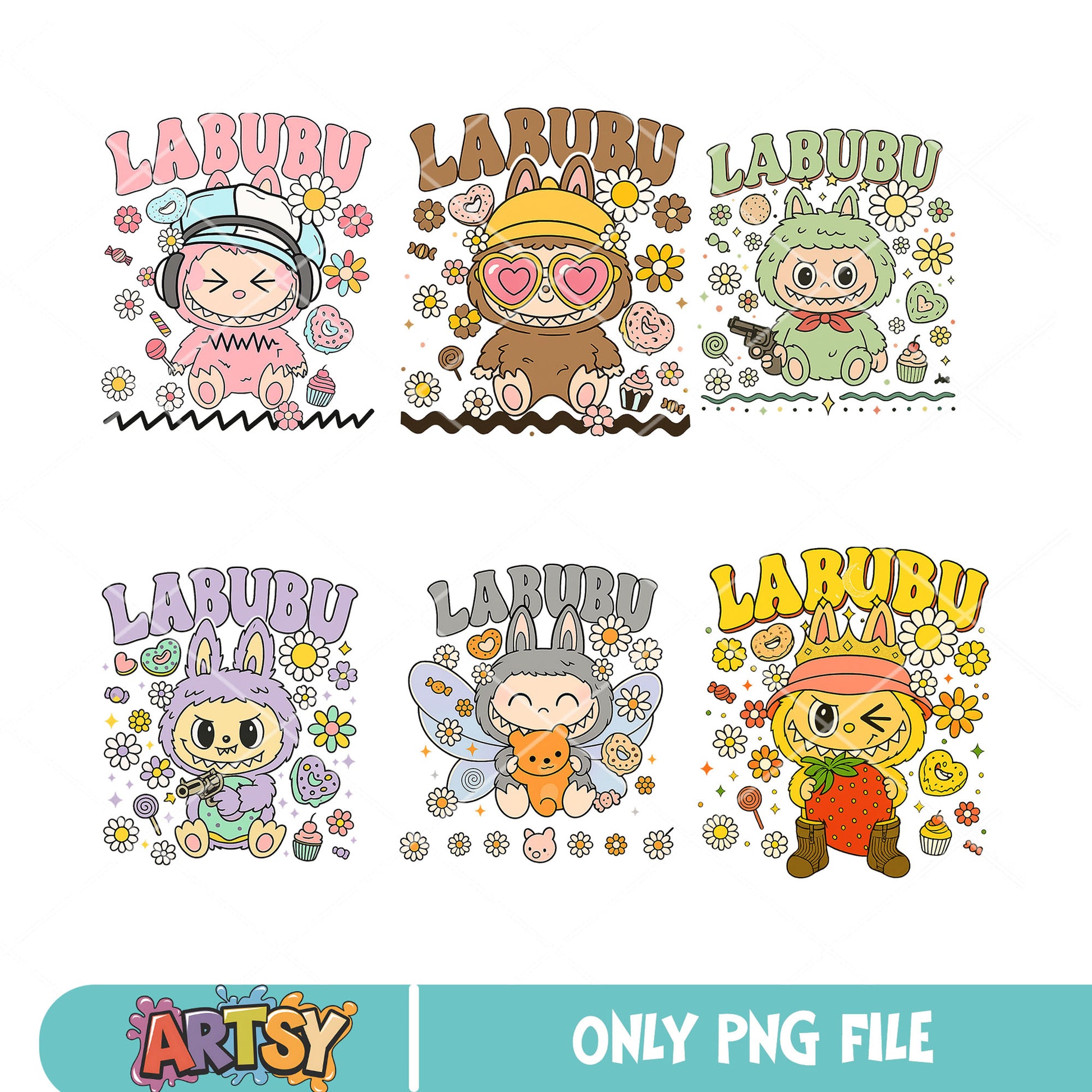 Labubu floral vibes png bundle, labubu flower png, cute labubu png