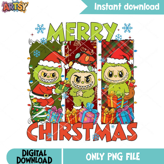 Labubu grinch costume png, christmas gift png, snowflake png