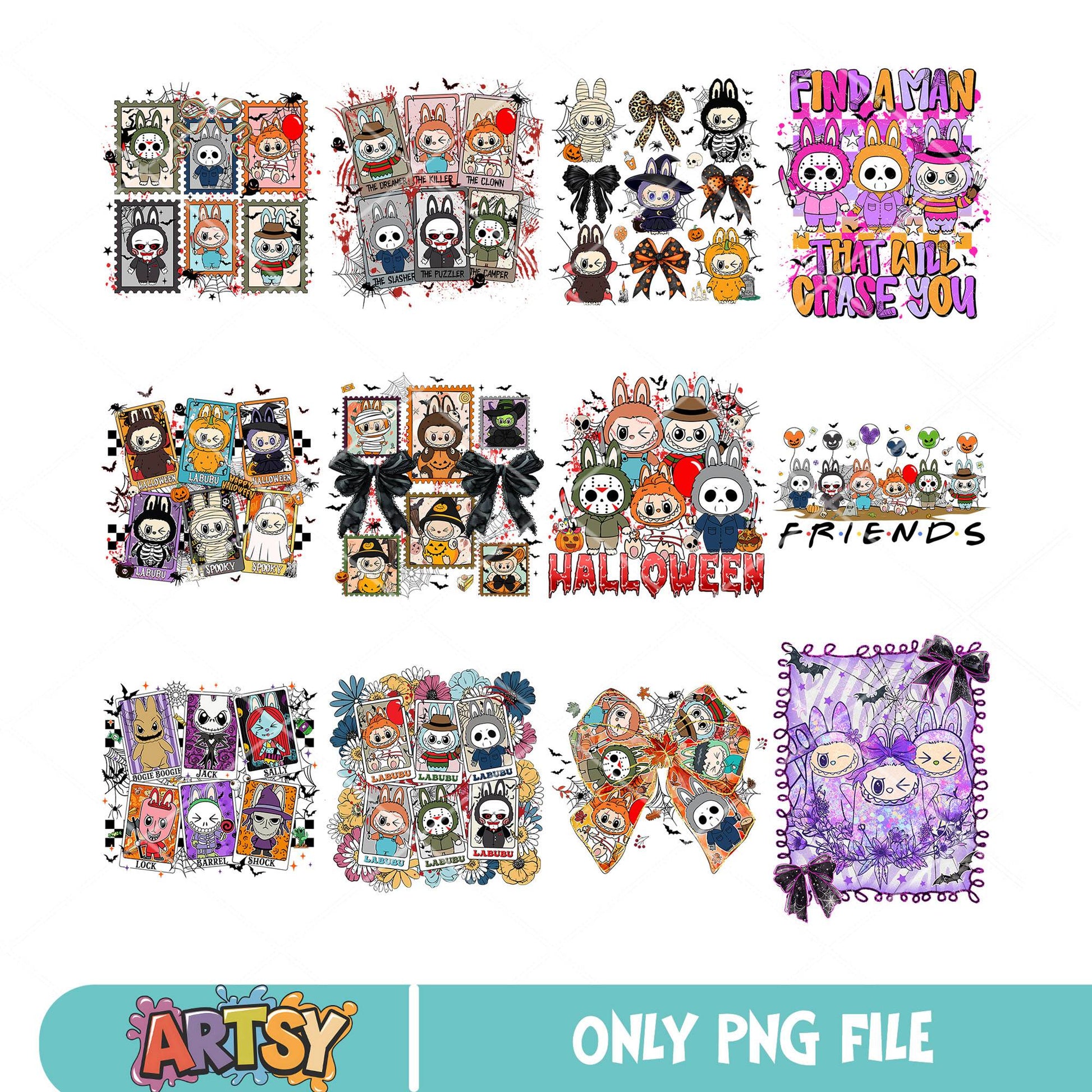 Labubu halloween chasing png bundle, labubu halloween png, horror costume png
