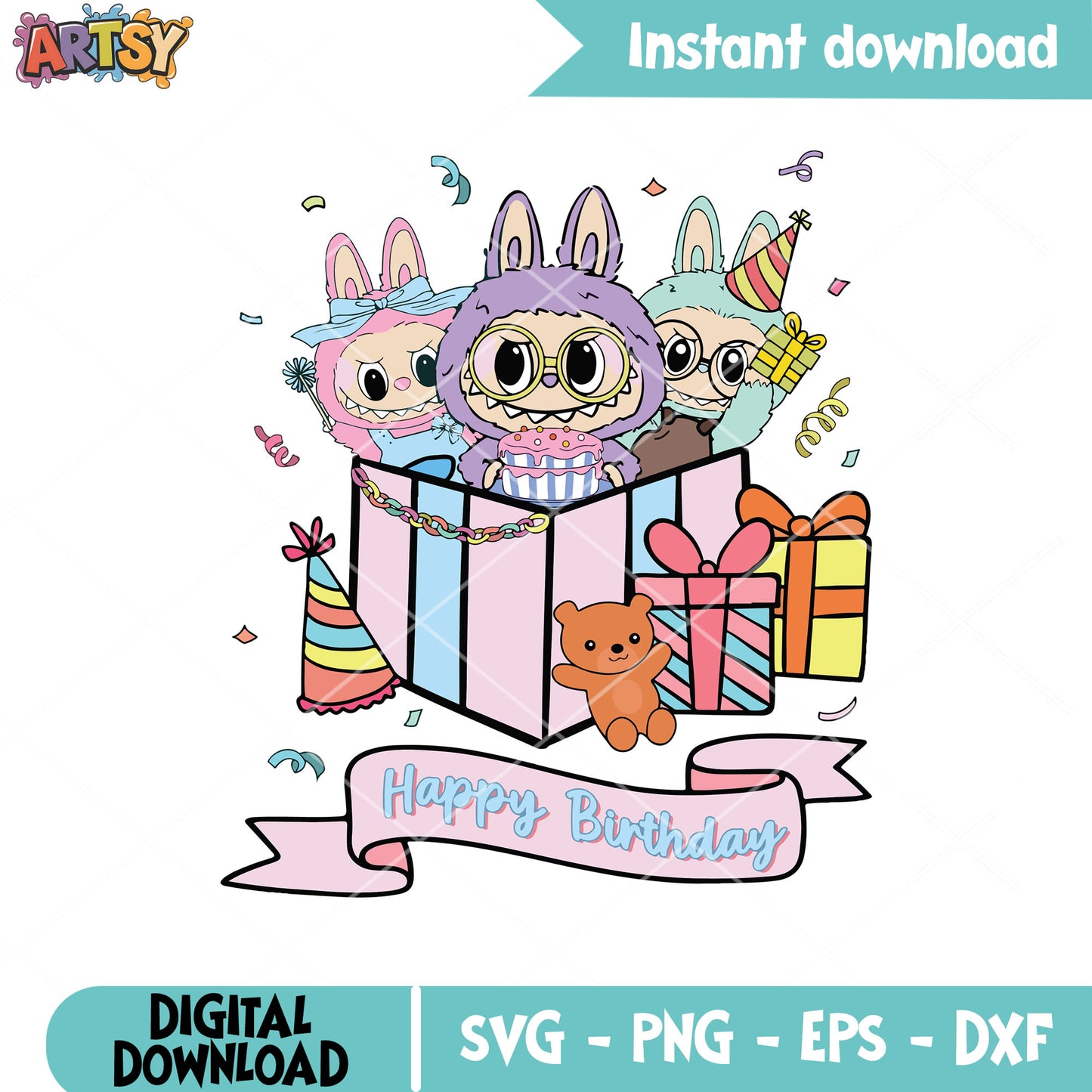 Labubu happy birthday svg, labubu pop mart svg, labubu birthday svg