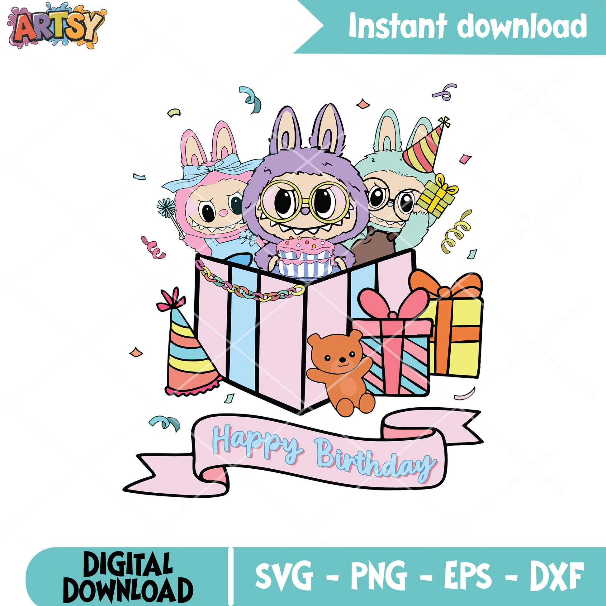 Labubu happy birthday svg, labubu pop mart svg, labubu birthday svg