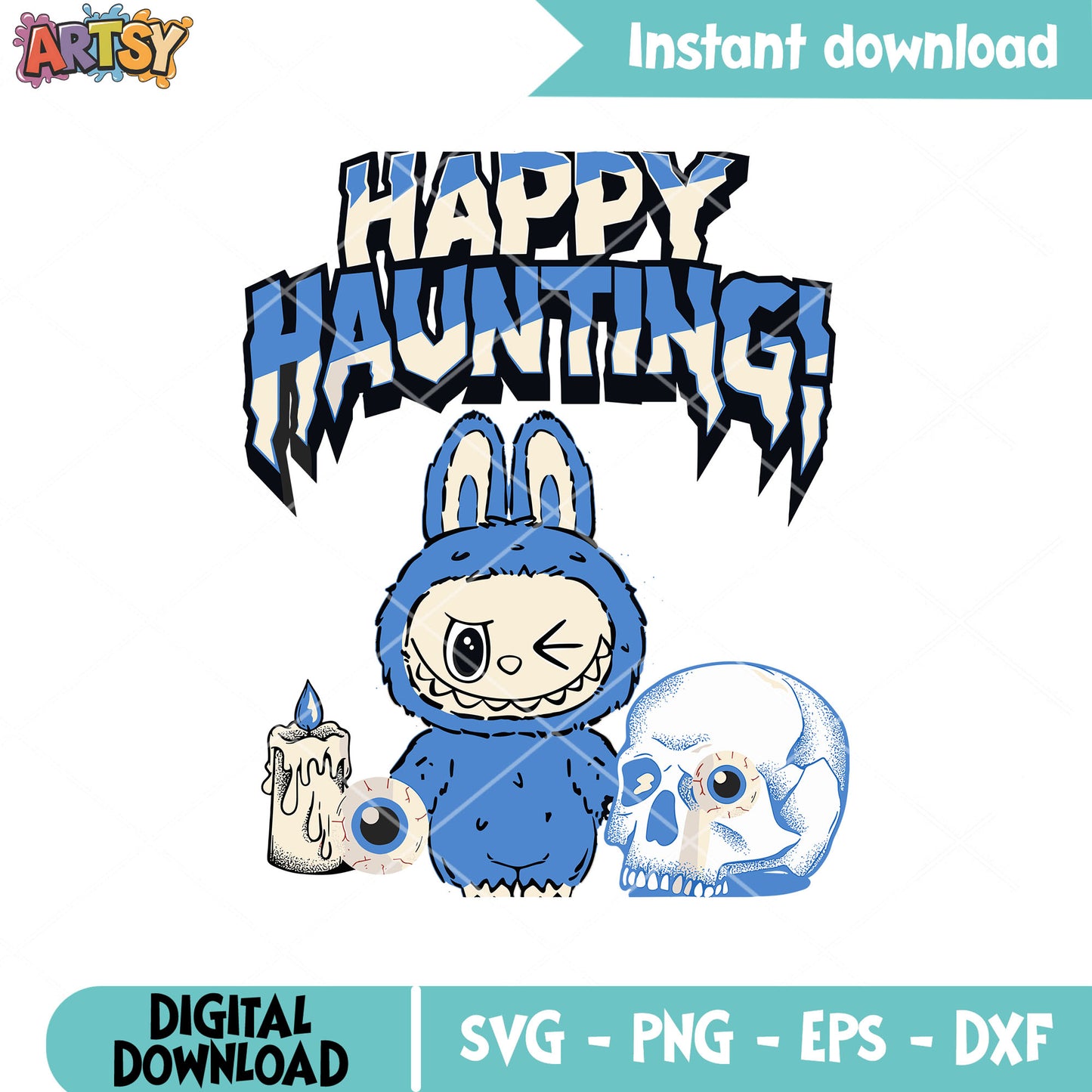 Labubu horror haunting svg, blue labubu svg, labubu halloween svg