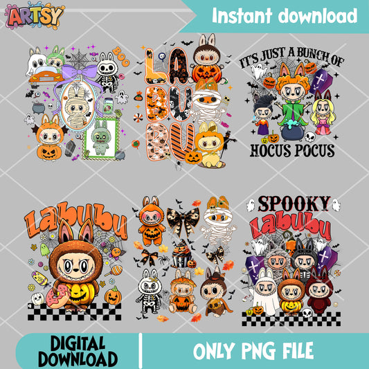 Labubu in halloween png bundle, labubu spooky png, halloween labubu png