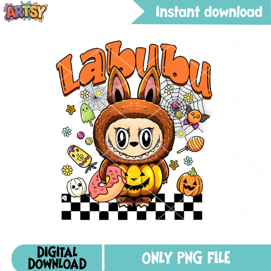 Labubu scary pumpkin png, labubu halloween png, labubu pumpkin png