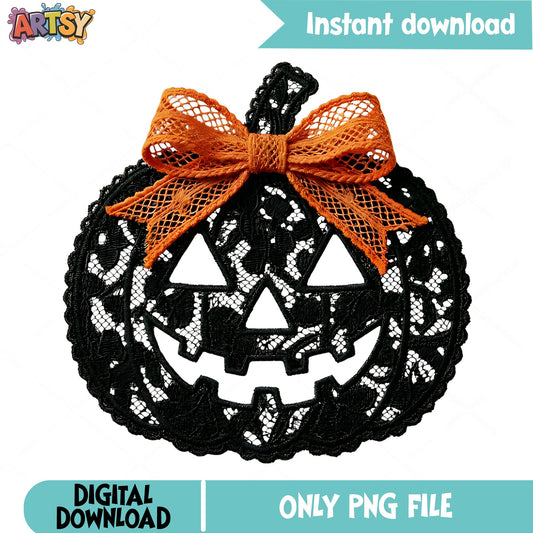 Lace Pumpkin With Bow PNG, Jack O Lantern Halloween PNG, Coquette PNG