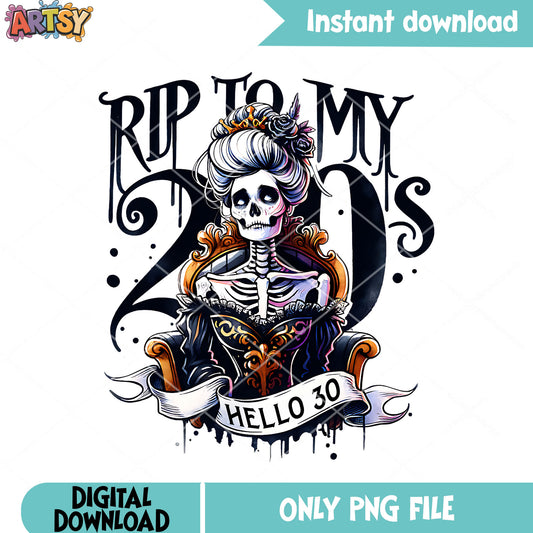 Lady white hair Skeleton png, Rip to my 20s png, scary halloween png