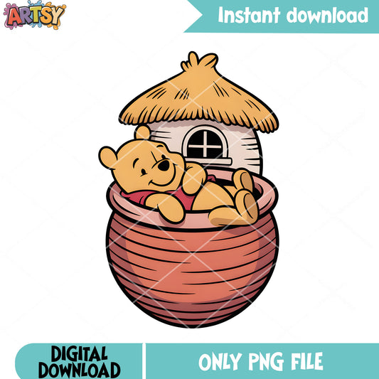 Lazy pooh chill in honey jar png, pooh poster png, vintage pooh png