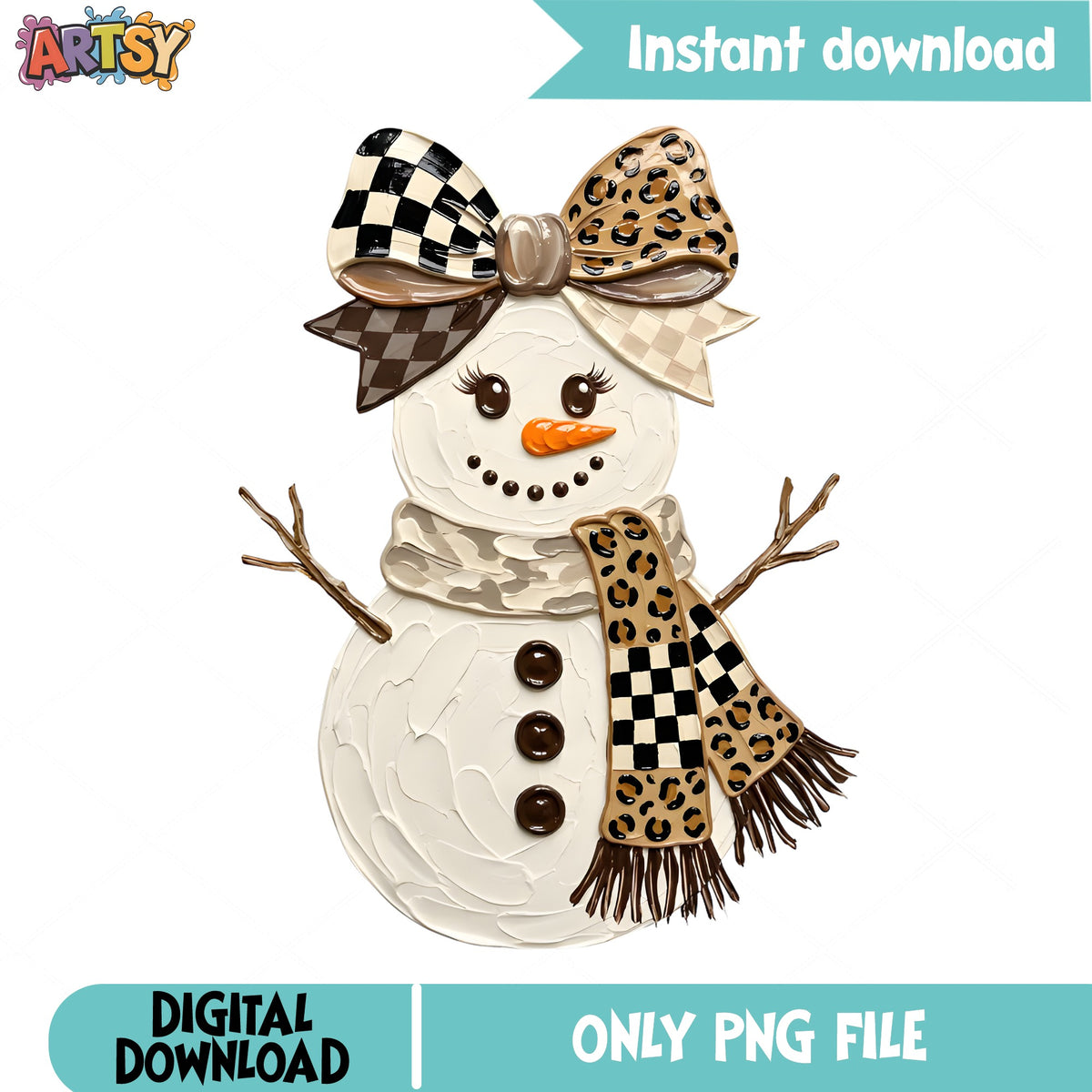 Leopard Checkered Snowman PNG, Cute Girl Snowman, Christmas PNG