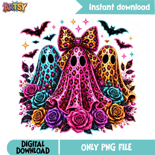 Leopard Floral Ghost Halloween PNG, Coquette Bow Ghost PNG, Spooky PNG