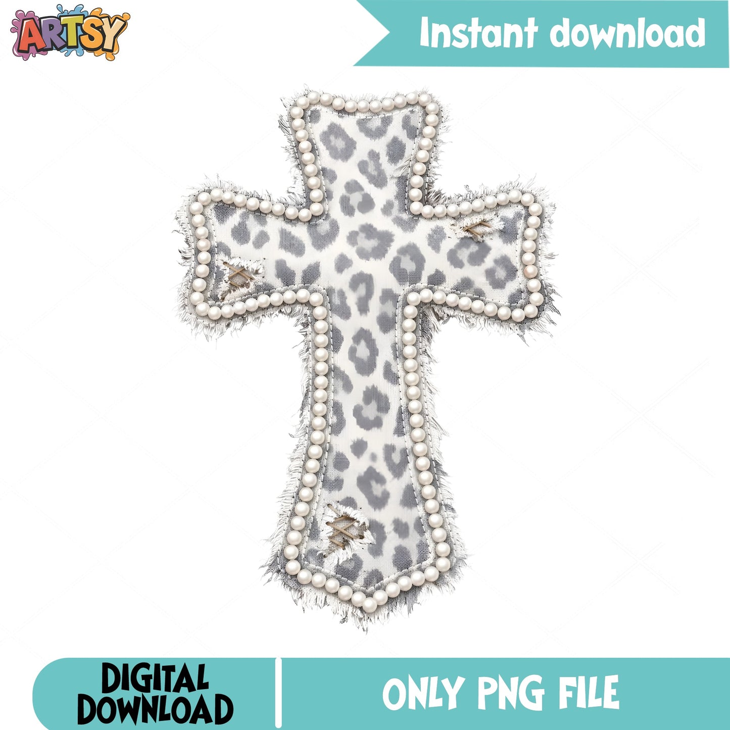Leopard Print Pearl Cross PNG, Christian Cross Clipart, Easter PNG