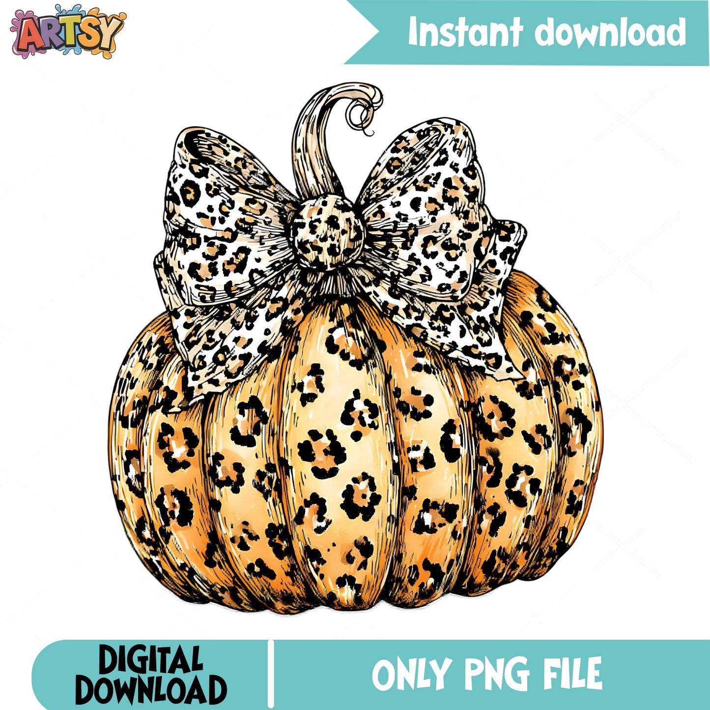 Leopard Print Pumpkin With Bow PNG, Halloween PNG, Fall PNG