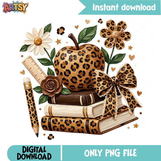 Leopard Print Teacher Apple PNG, Back To School PNG, Teacher PNG