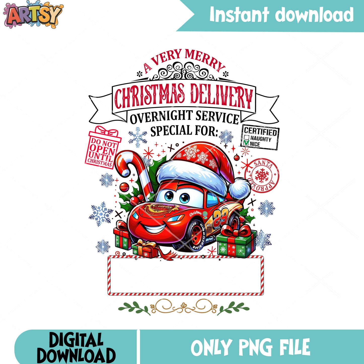Lightning mc queen png, car 2 png, christmas delivery png