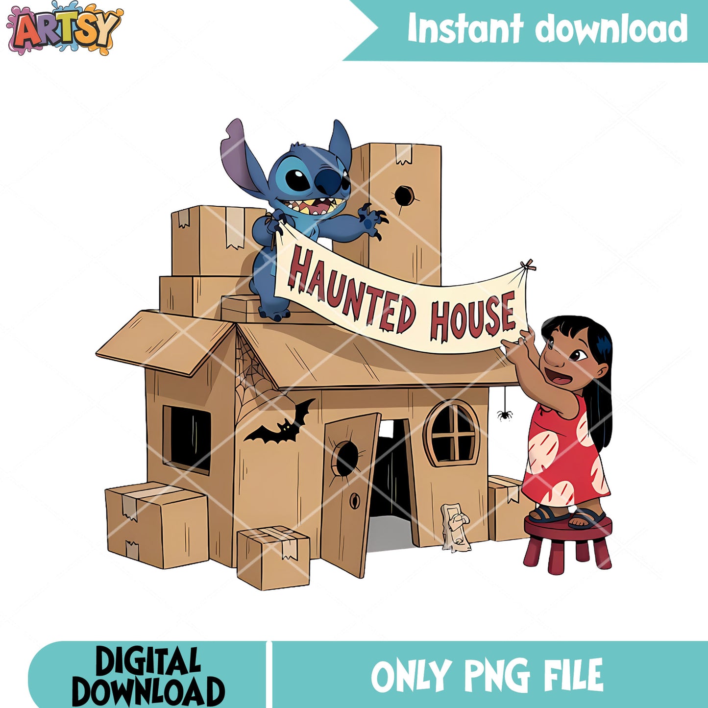 Lilo build cardboard house png, scary bats png, happy halloween png