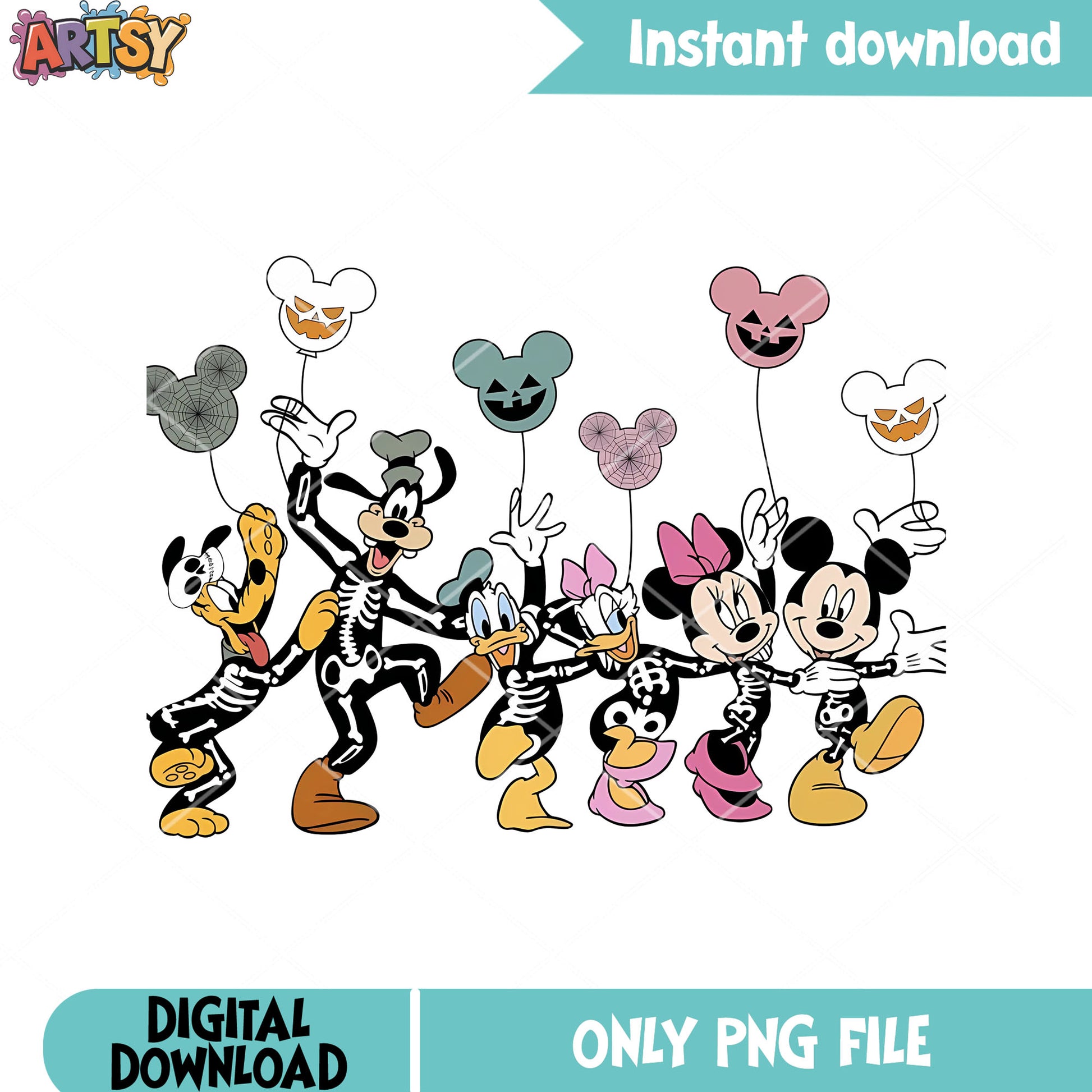 Lineup cast mickey mouse png, jack o lantern png, skeleton costume png