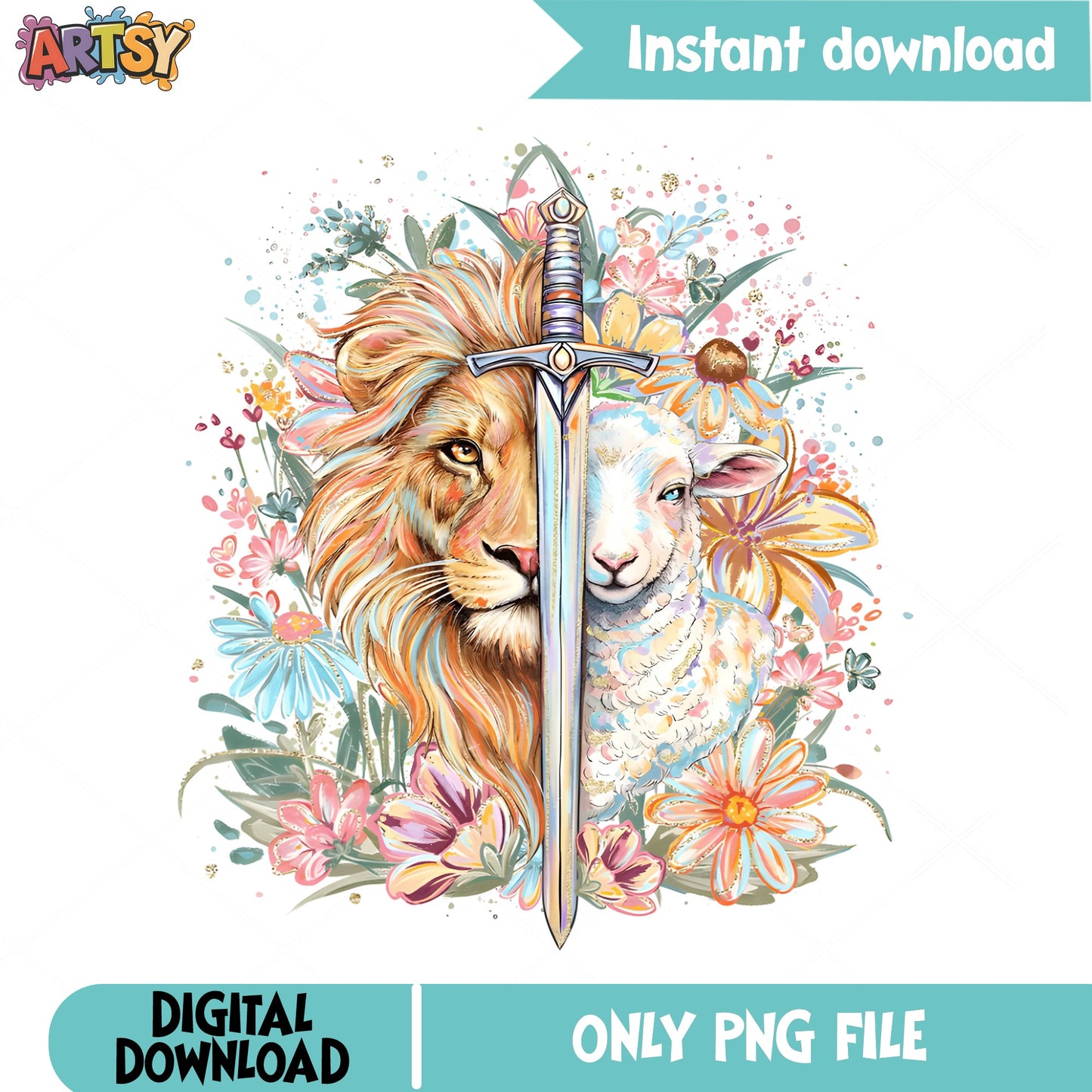 Lion And Lamb Floral PNG, Christian Faith Sword PNG, Easter PNG