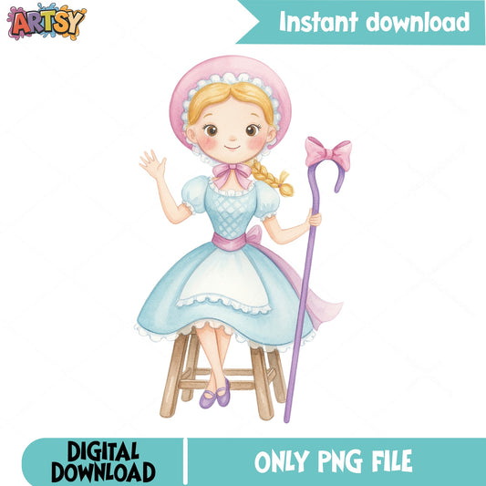 Little Bo Peep PNG, Watercolor Nursery Rhyme Clipart, Toy Story PNG