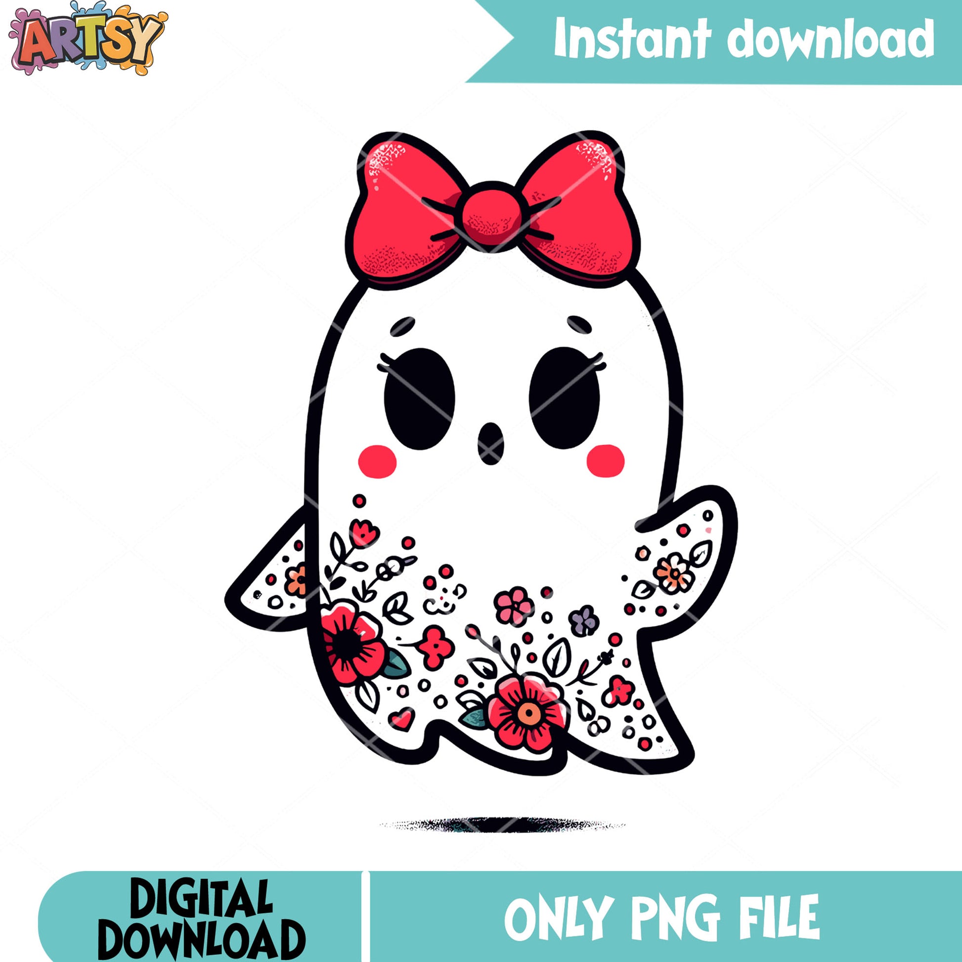 Little baby flower ghost png, red bow tie png, halloween scary png