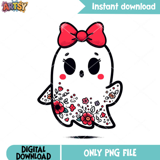 Little baby flower ghost png, red bow tie png, halloween scary png