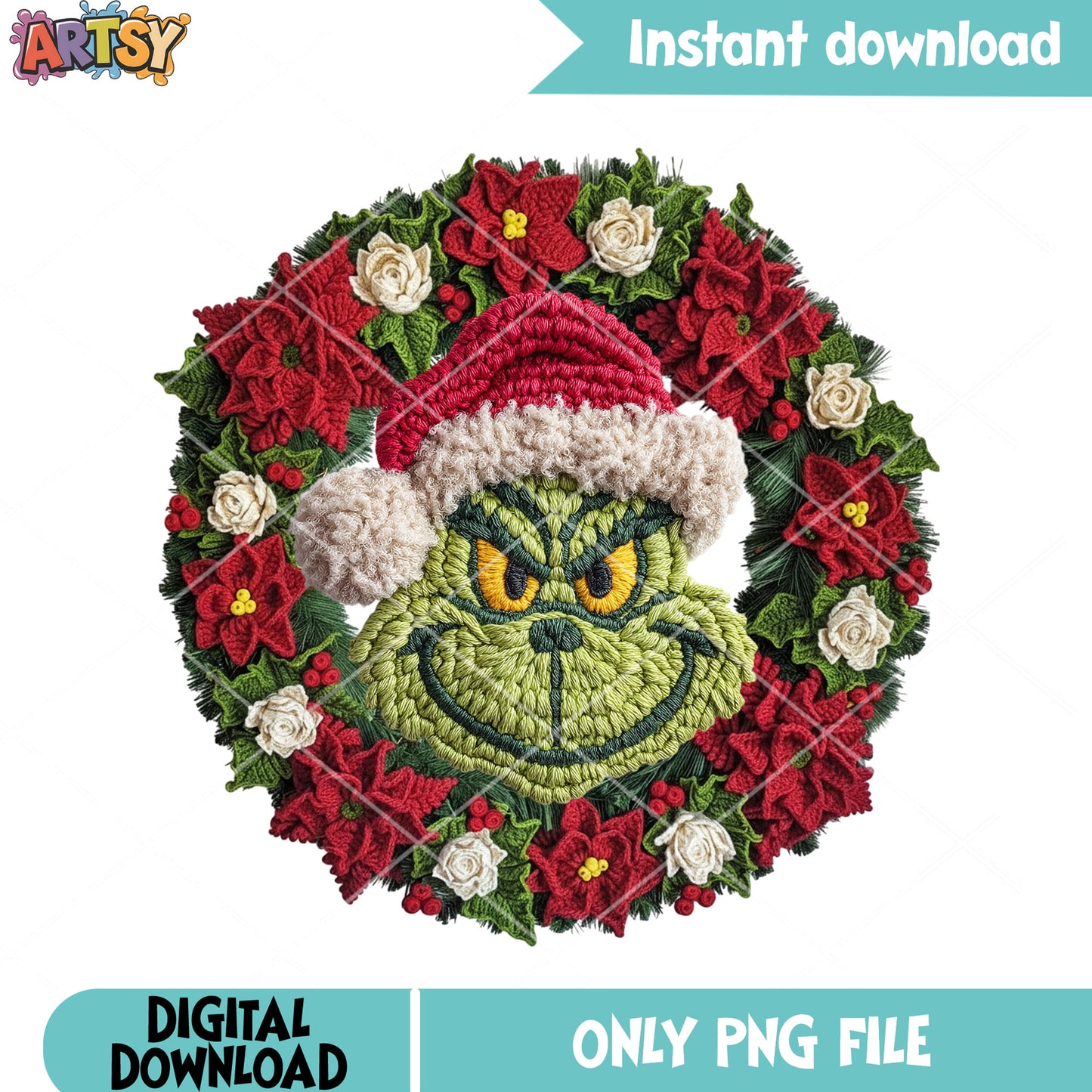 Little grinch santa png, naughty list png, christmas wreath png