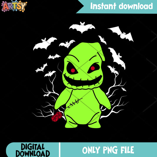 Little oogie boogie png, green monster costume png, halloween png