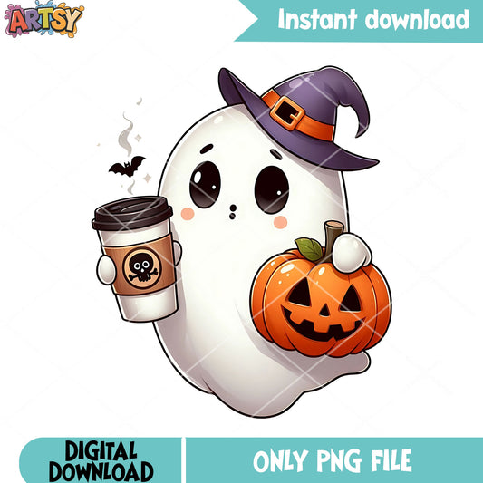 Little spirit drink coffee png, jack o lantern png, cute halloween png