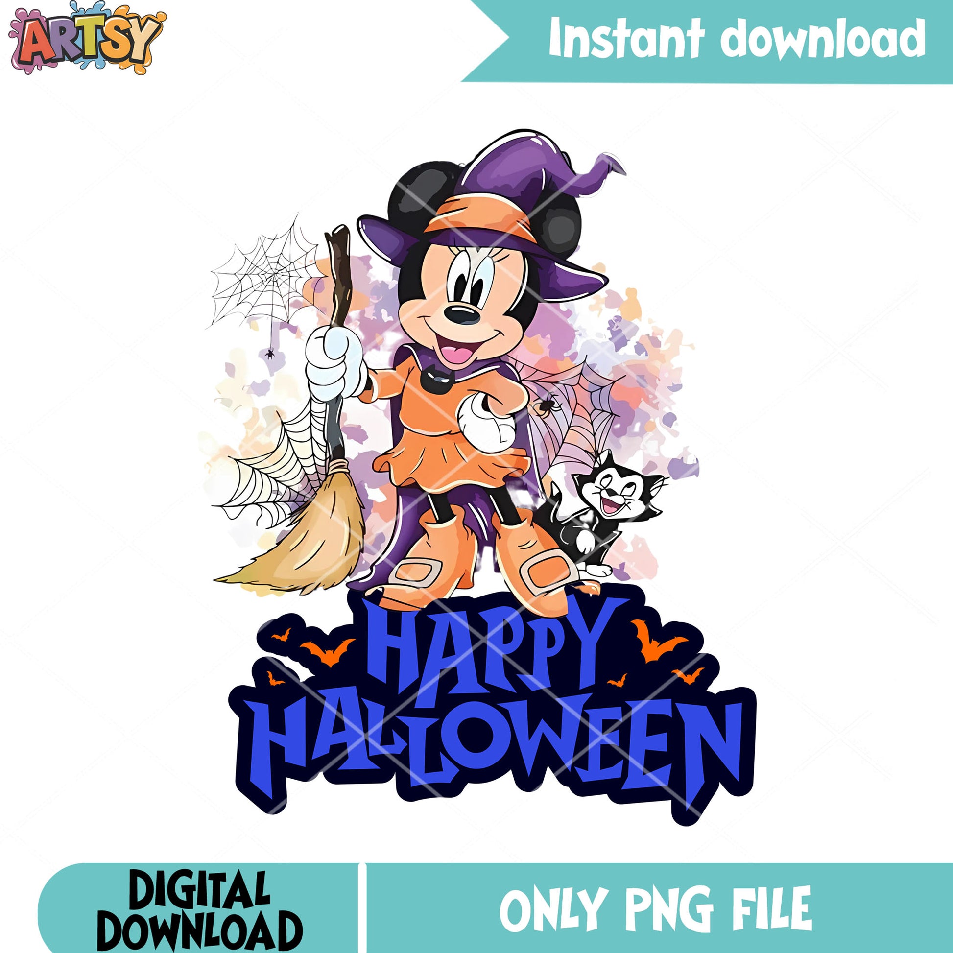 Little witch minnie png, witch broom png, black cat png