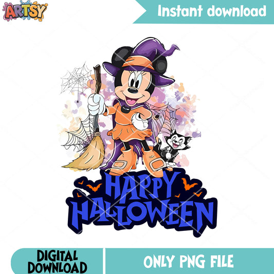Little witch minnie png, witch broom png, black cat png