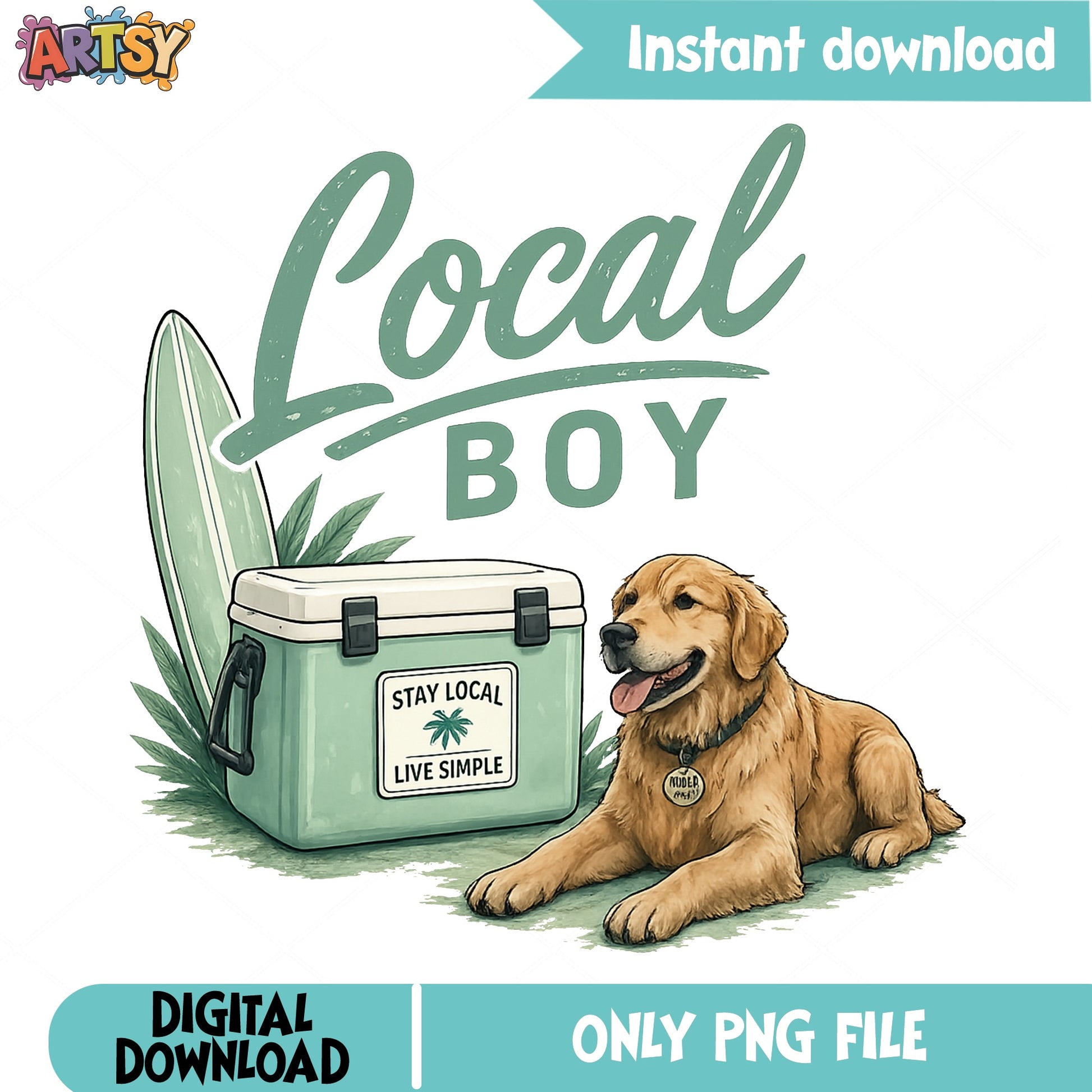 Local Boy Golden Retriever Beach PNG, Surfboard Dog PNG, Summer PNG