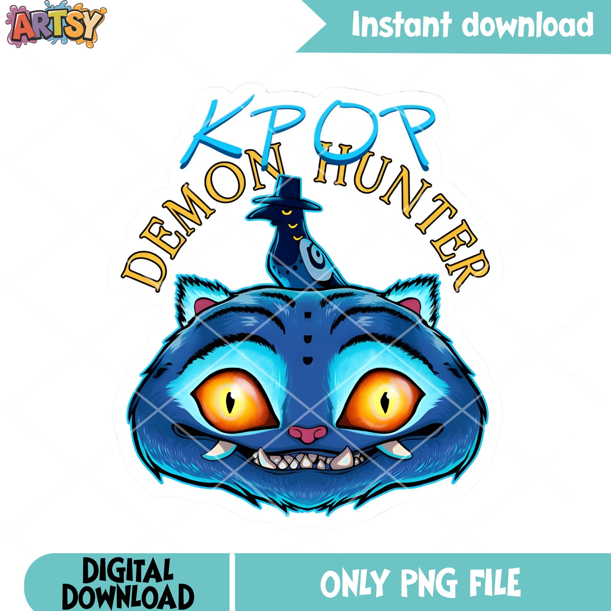 Logo kpop demon hunters mascots png, blue cat png, black crow png