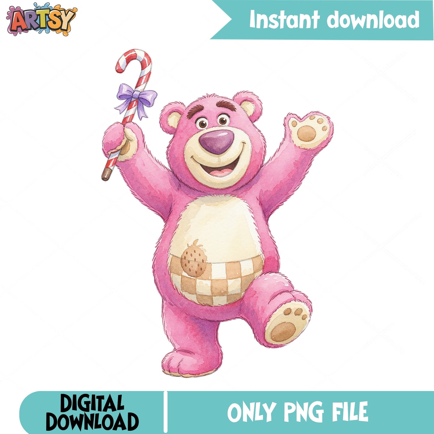 Lotso Bear Christmas PNG, Toy Story Disney PNG, Candy Cane PNG