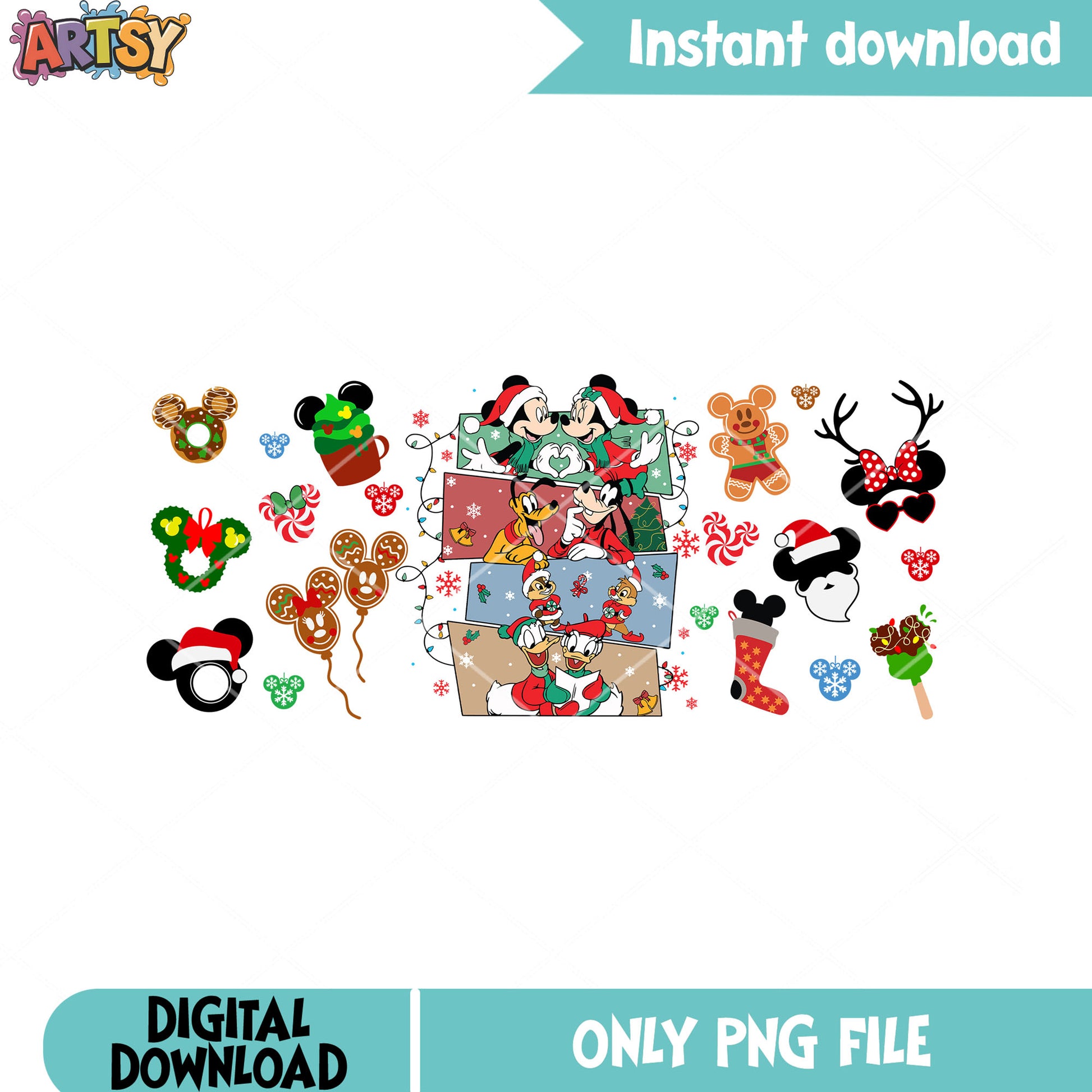 Lovely christmas comics png, christmas lights png, mickey and friends png