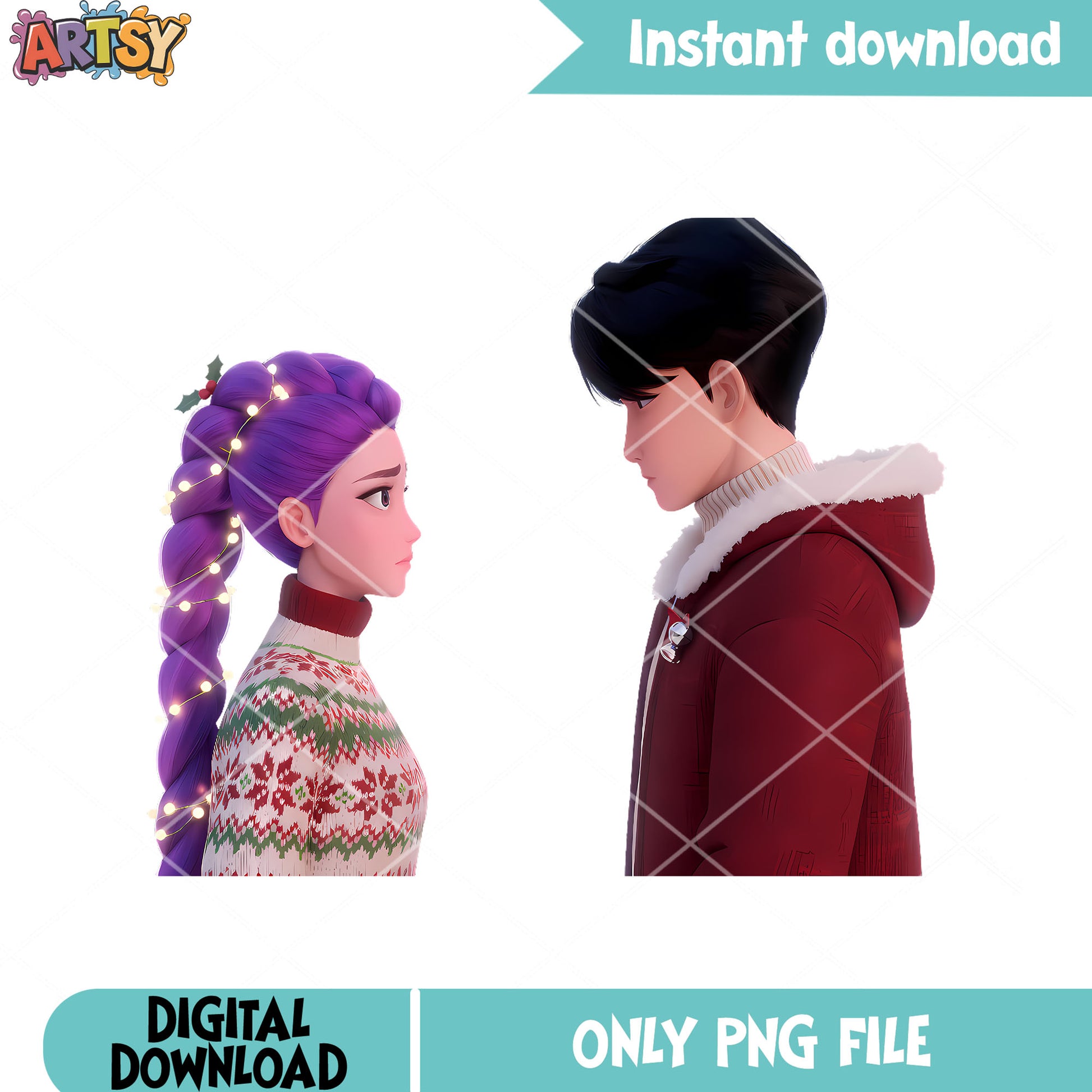 Lovely couple Christmas png, kpop demon hunters png, christmas png