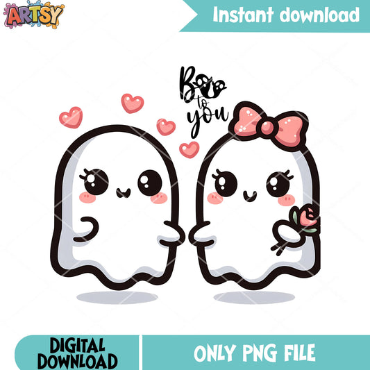 Lovely couple ghost png, pink bow tie png, halloween scary png