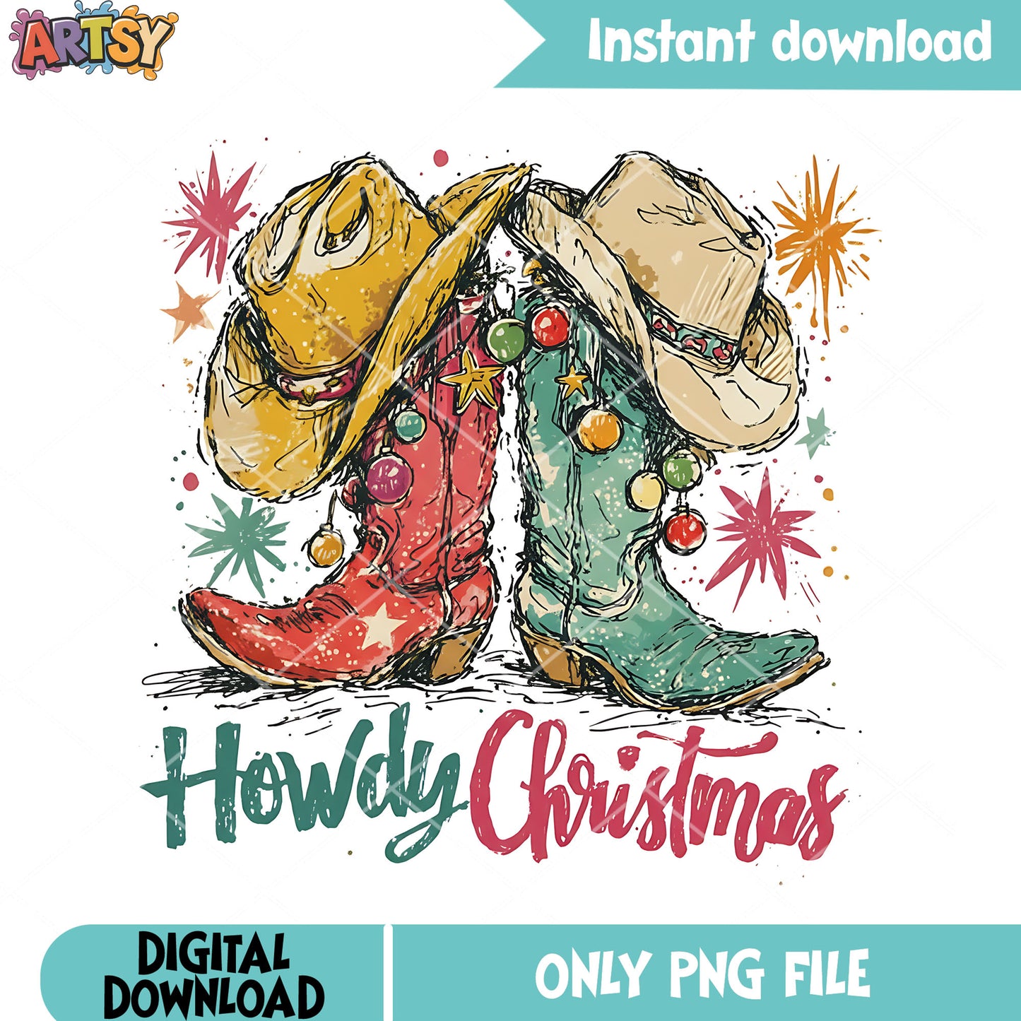 Lovely cowboy boots and hat xmas png, cowboy christmas png, noel png