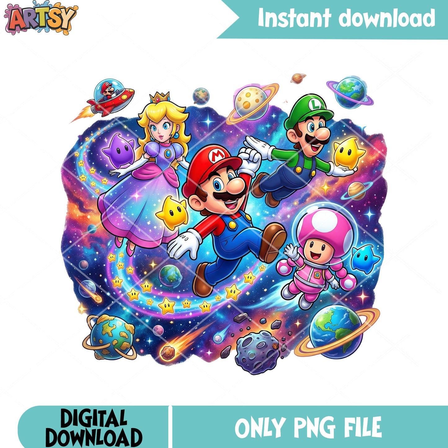 Lovely galaxy mario png, galaxy vibes png, mario characters png