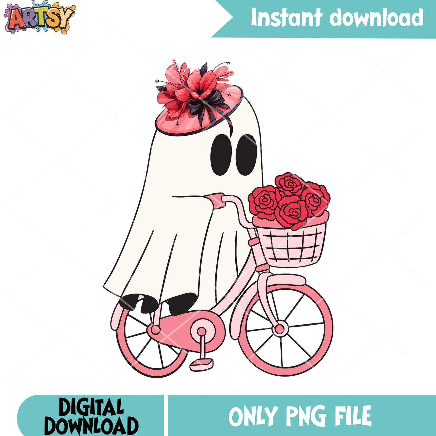Lovely ghost ride bike png, rose flower png, halloween scary png