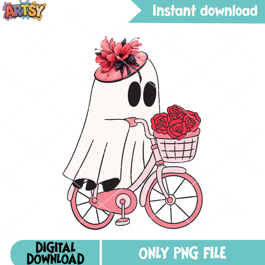 Lovely ghost ride bike png, rose flower png, halloween scary png